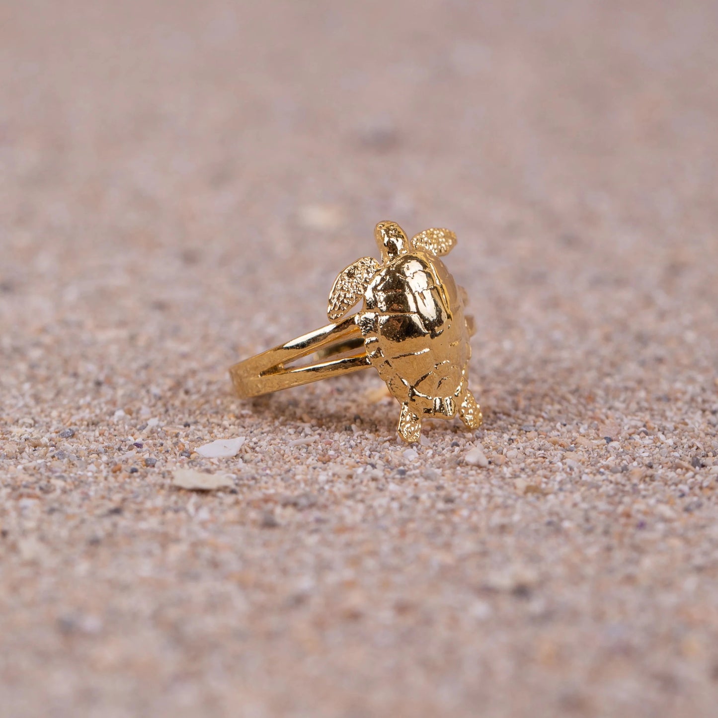 Anillo Cayume bañado en Oro en macro  sobre arena.